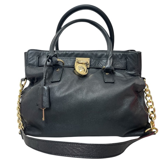 Michael Kors Black Hamilton Soft Pebbled Leather Gold Chain Shoulder Bag - Picture 1 of 13